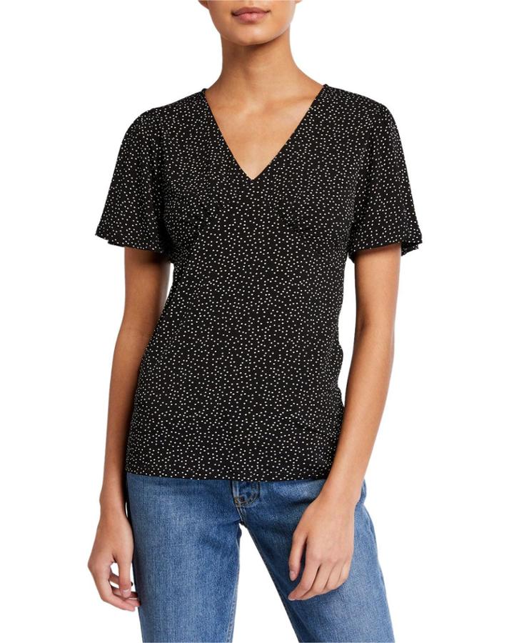 Dot Flutter-sleeve Surplice Knit Top