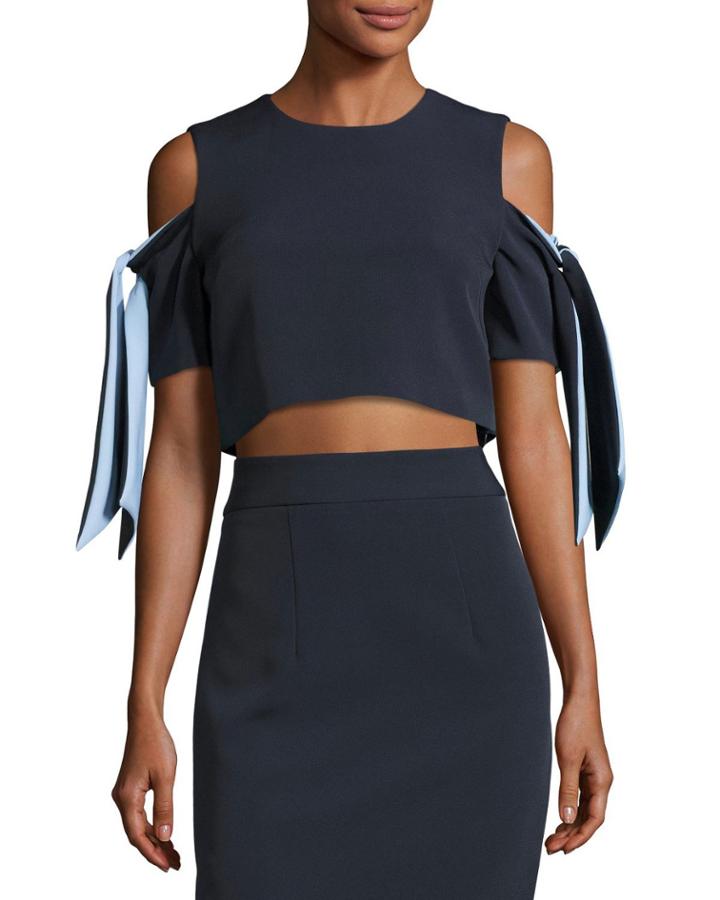 Ansley Cold-shoulder Stretch-crepe Cropped Top, Blue Pattern