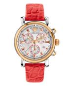 Day Glam Chronograph Watch W/ Leather Strap, Rose Golden/coral
