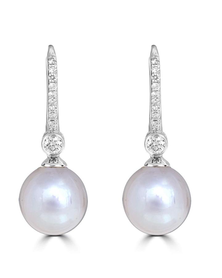 18k White Gold Linear Diamond & White Pearl Drop Earrings