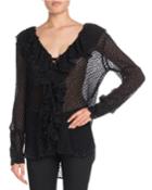 V-neck Ruffled Long-sleeve Velvet-dot Georgette Blouse