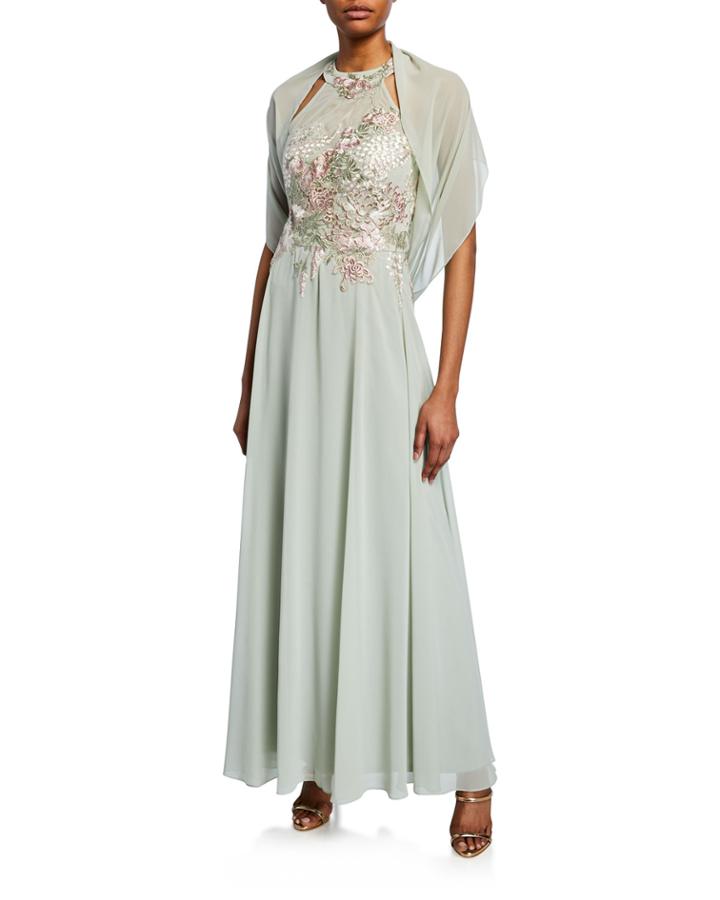 Floral Embroidered Halter Gown W/