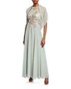 Floral Embroidered Halter Gown W/