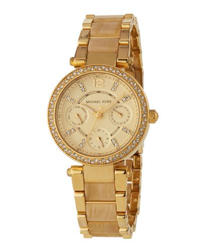 Pave Crystal Jet Set Chronograph Watch, Golden/tortoise
