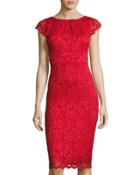 Cap-sleeve Lace Sheath Dress, Red