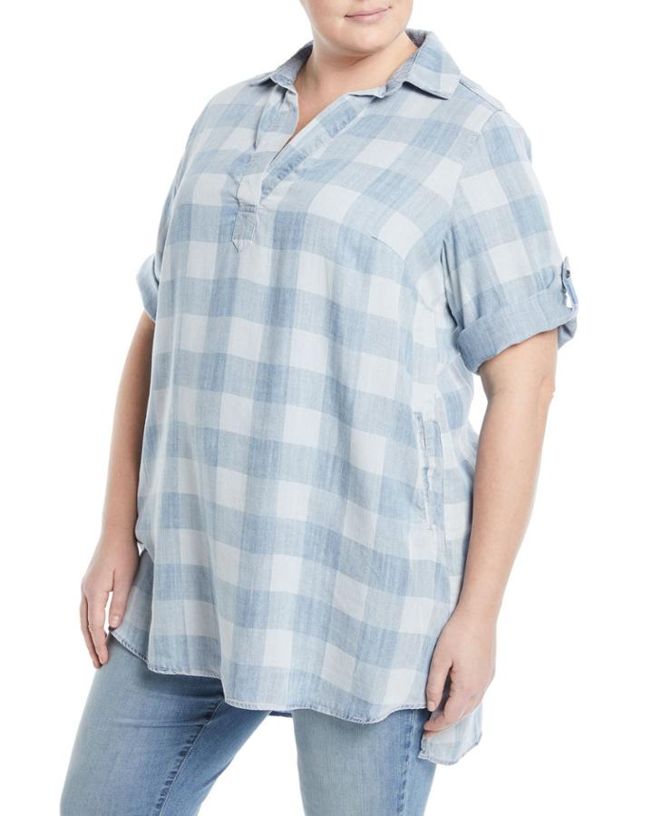 Split-neck High-low Check Chambray Blouse,