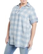 Split-neck High-low Check Chambray Blouse,