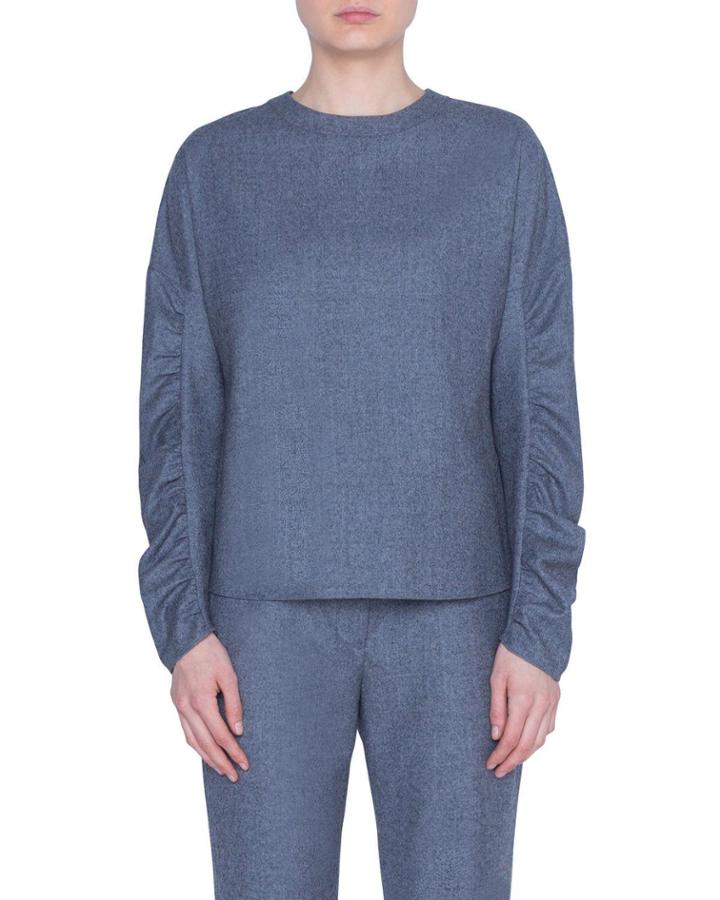 Wool Ruched-sleeve Crewneck Blouse