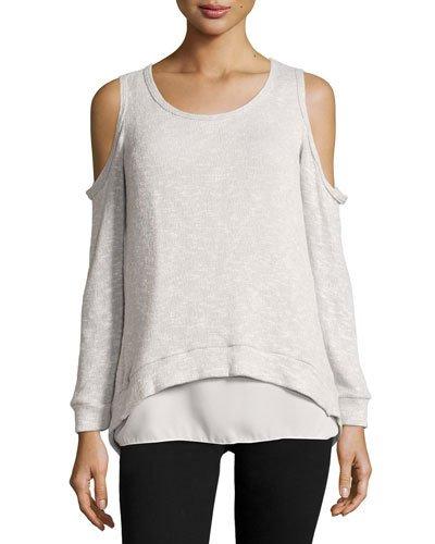 Long-sleeve Cold-shoulder Tee, Light Gray/ivory