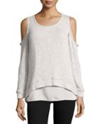 Long-sleeve Cold-shoulder Tee, Light Gray/ivory