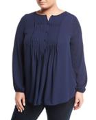 Pleated-bib Habutai Blouse, Navy,