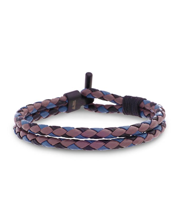 Men's Two-row Braided Leather Bracelet, Gray/black/purple