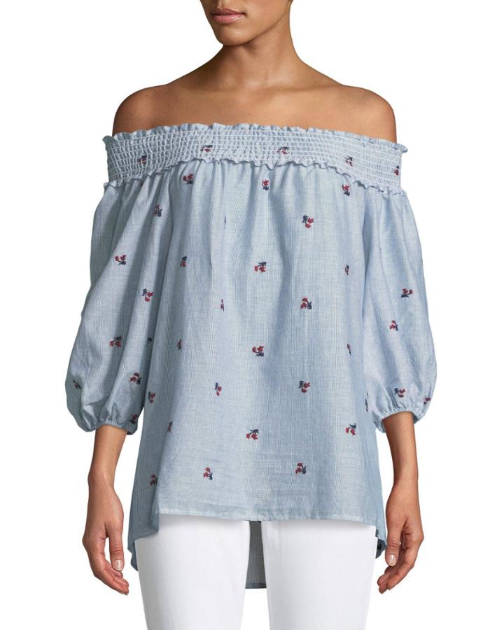 Off-the-shoulder Rose-embroidered Blouse