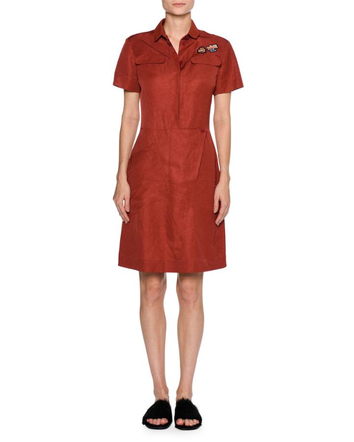Patch Toile Short-sleeve Shirtdress, Dark Red