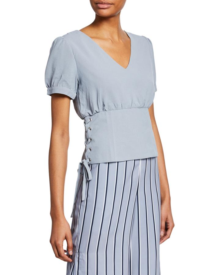 Lace-up V-neck Fitted Blouse