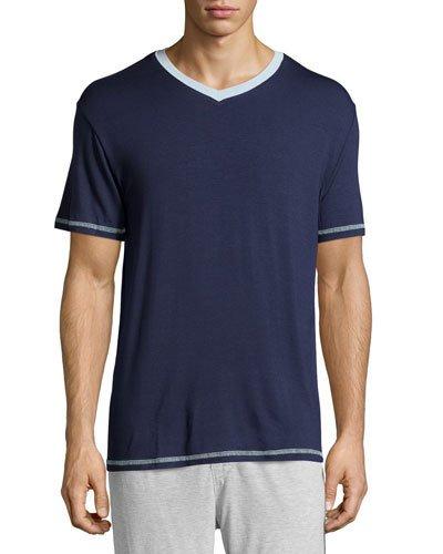 Contrast-trim V-neck Tee, Navy