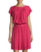 Printed Short-sleeve Blouson Dress, Red