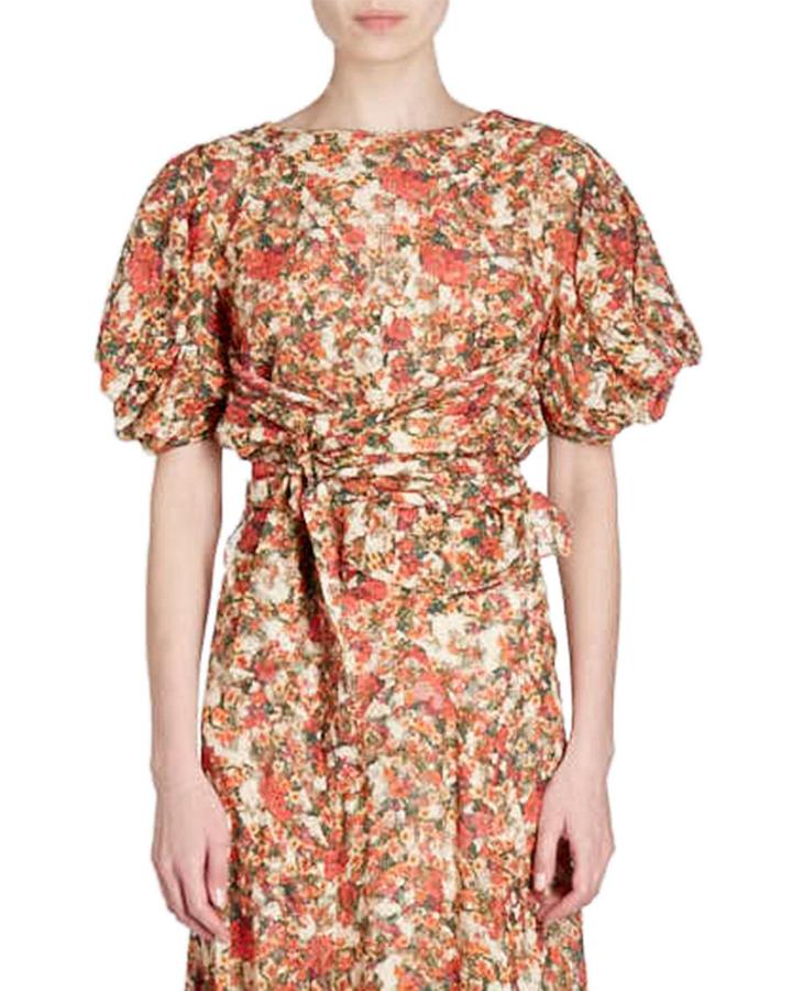 Fleming Belted Floral-burnout Short-sleeve Wrap Top