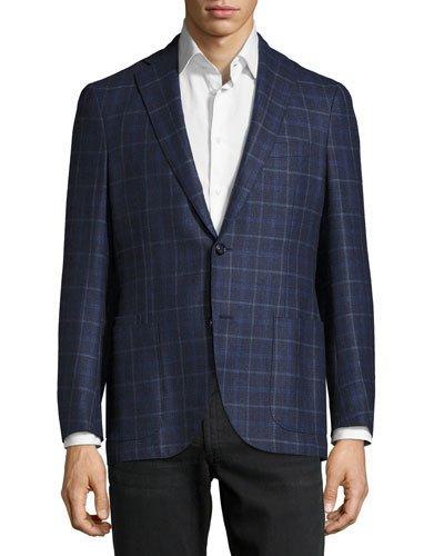 Windowpane Wool-blend Jacket, Blue