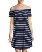 Off-the-shoulder Popover Striped Dress, Blue/white