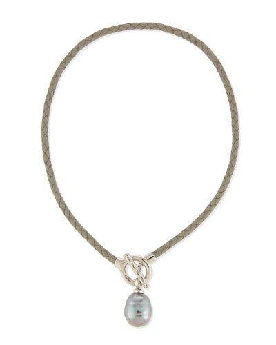 Nautical Braided Leather & Baroque Pearl Pendant Necklace, Gray
