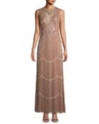 Beaded-fringe Illusion Evening Gown, Pink/gold