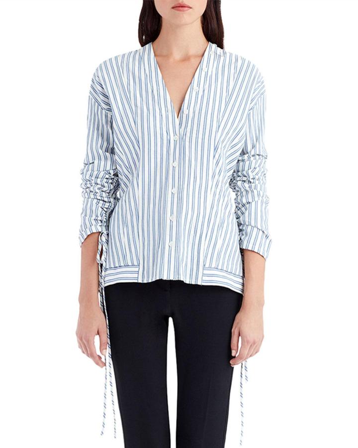 V-neck Button-front Striped Poplin