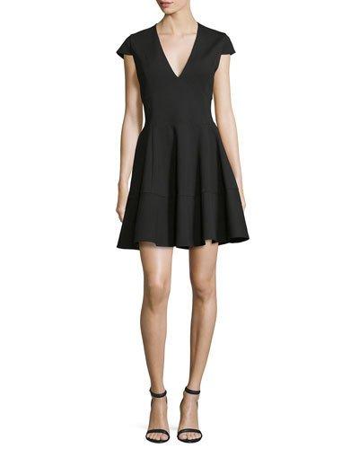 Cap-sleeve V-neck Fit-&-flare Dress, Black