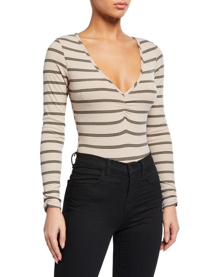 Striped Ruched Long-sleeve Bodysuit
