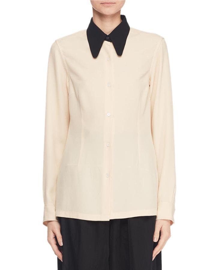 Button-front Long-sleeve Blouse W/ Contrast Collar