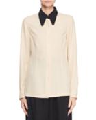 Button-front Long-sleeve Blouse W/ Contrast Collar