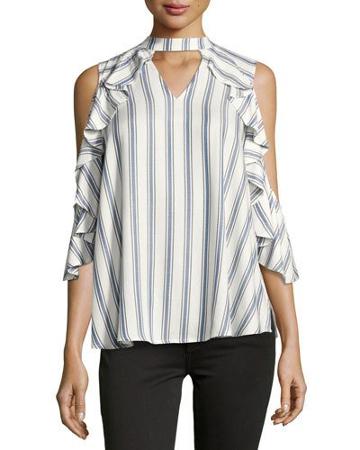 Striped Cold-shoulder Ruffle Top, Blue/multi