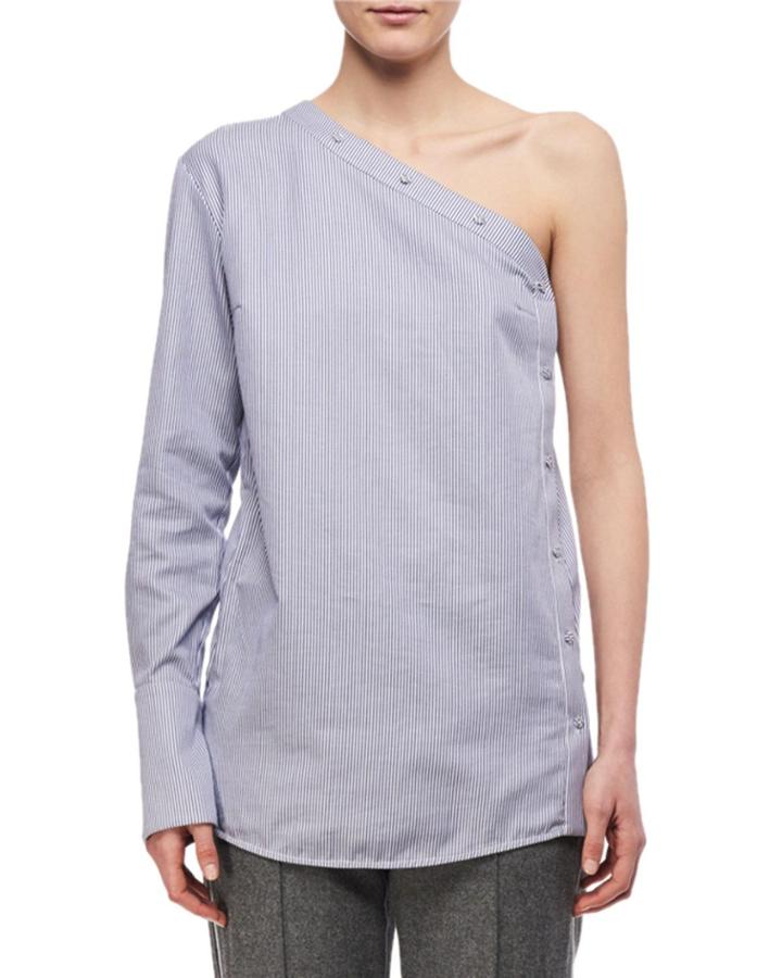 One-shoulder Striped Button Top