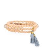 Beaded & Tasseled Bracelet Set, Peach/gray,
