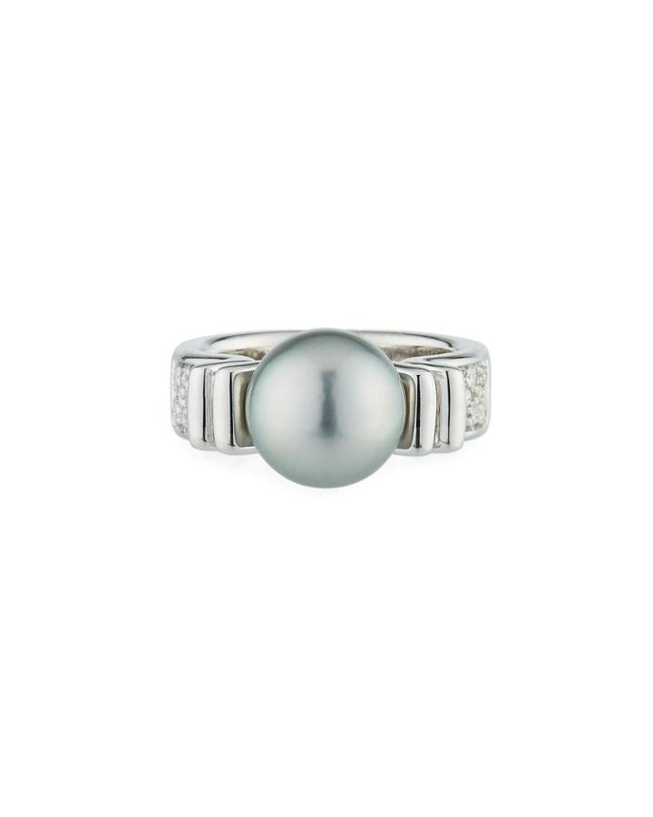 18k White Gold Gray Pearl & Diamond Ring,