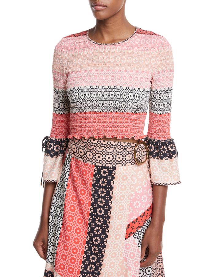 Smocked Long-sleeve Silk Printed Blouse