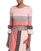 Smocked Long-sleeve Silk Printed Blouse