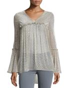 Metallic Polka-dot Ruffle Top, Gold