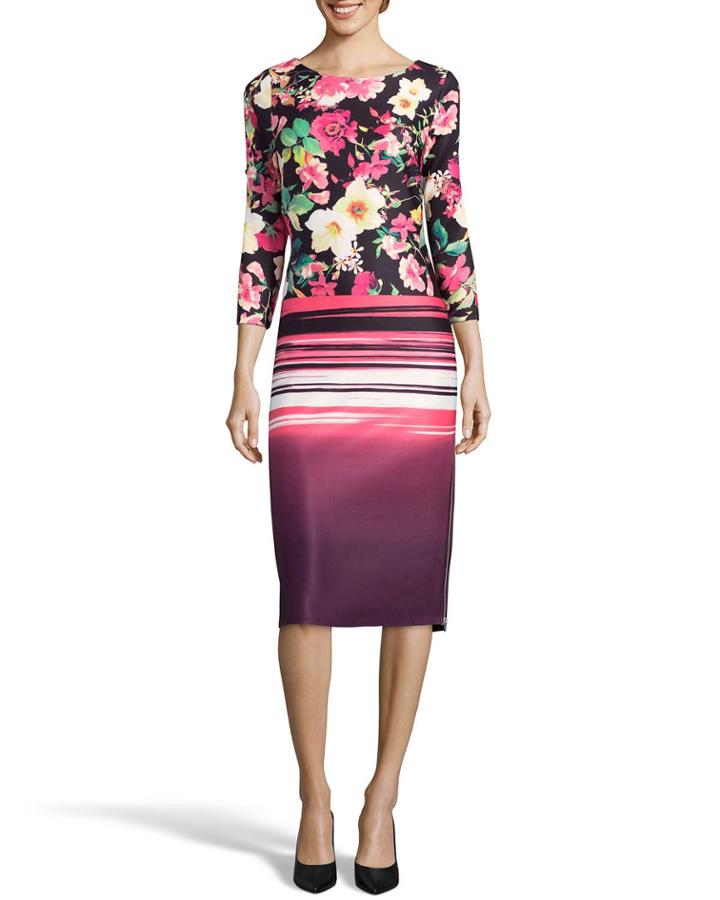 3/4 Sleeve Floral Sunset Sheath Knee-length Dress