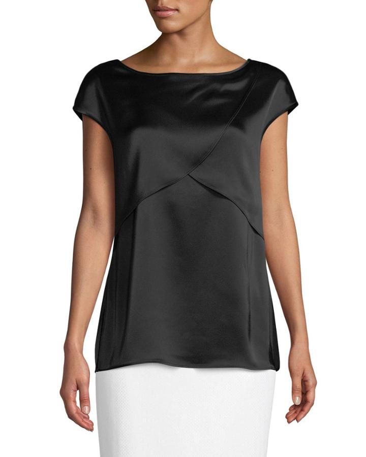 Liquid-satin Bateau-neck Cap-sleeve Blouse