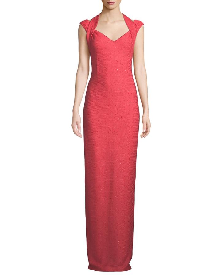 Links Sequin Knit Drape Halter Column Gown
