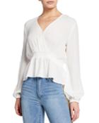 Long-sleeve Shirred Peplum Blouse