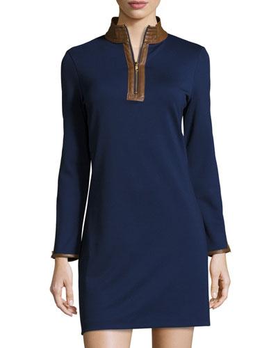 Faux-leather Trim Sheath Dress, Navy
