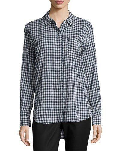 Gingham Button-down Blouse, Navy