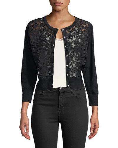 Embroidered Lace-front Cardigan