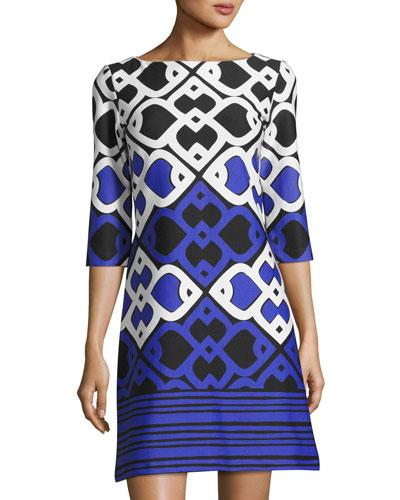 Printed Ponte Shift Dress, Blue Pattern