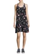 Arianna Sleeveless Stamp-print Shift Dress, Black