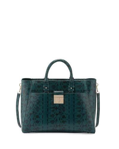 Leather Snake-embossed Shoulder Bag, Green/black