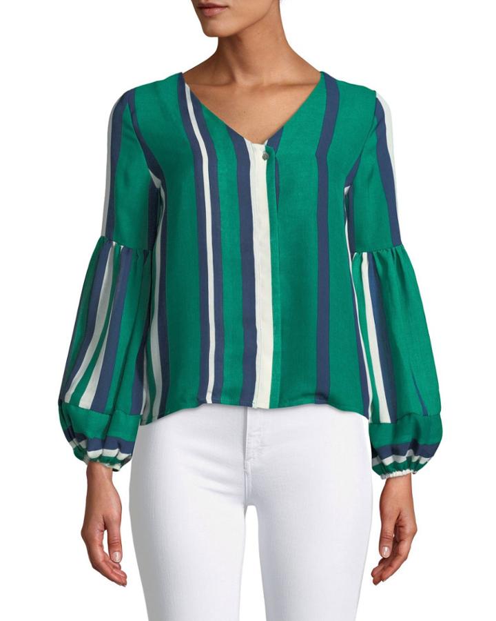 Striped Balloon-sleeve Button Front Blouse