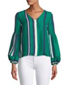 Striped Balloon-sleeve Button Front Blouse